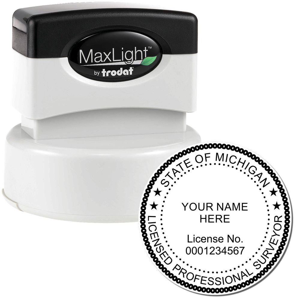 Image of the Premium MaxLight Pre-Inked Michigan Surveyors Stamp, featuring a black and white stamp with customizable text for licensed surveyors.