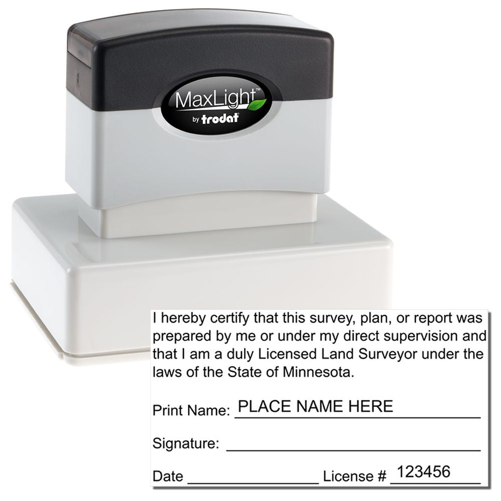 Premium MaxLight Pre-Inked Minnesota Surveyors Stamp with a black and white design, featuring a customizable print area for licensed surveyors.