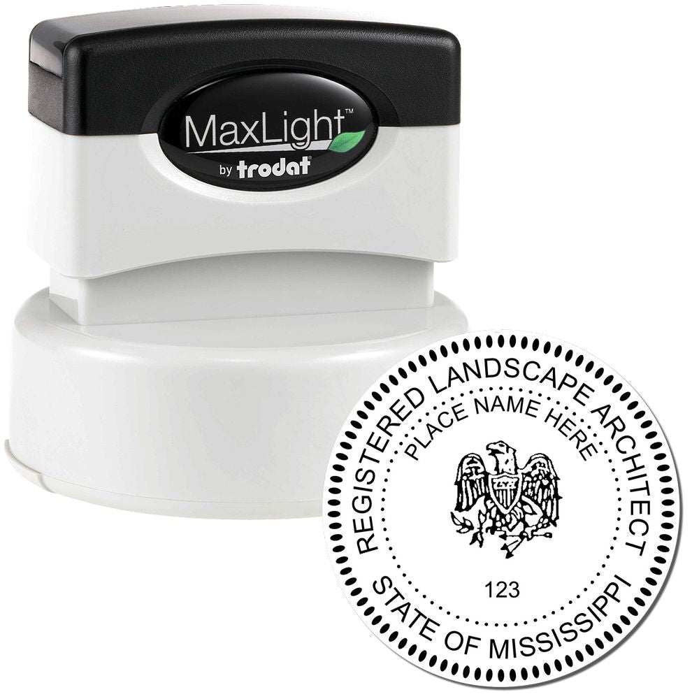 The main image for the Premium MaxLight Pre-Inked Mississippi Landscape Architectural Stamp depicting a sample of the imprint and electronic files