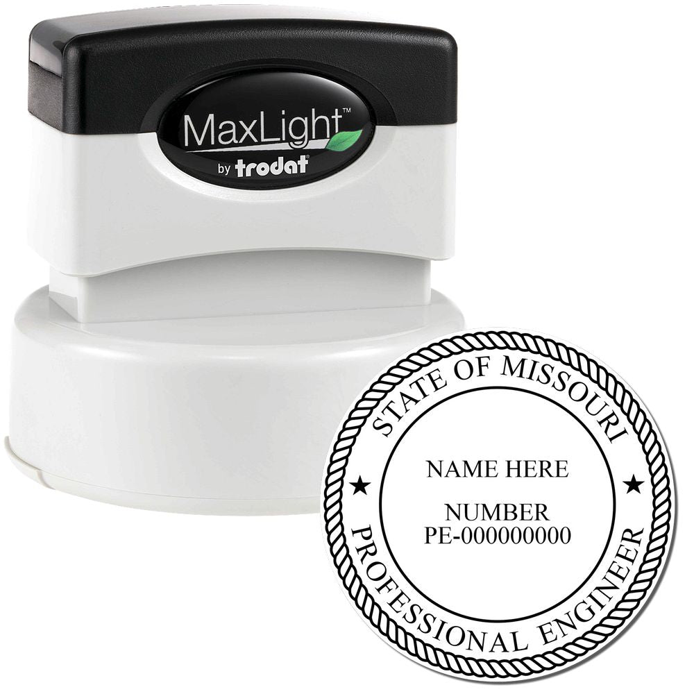 The main image for the Premium MaxLight Pre-Inked Missouri Engineering Stamp depicting a sample of the imprint and electronic files