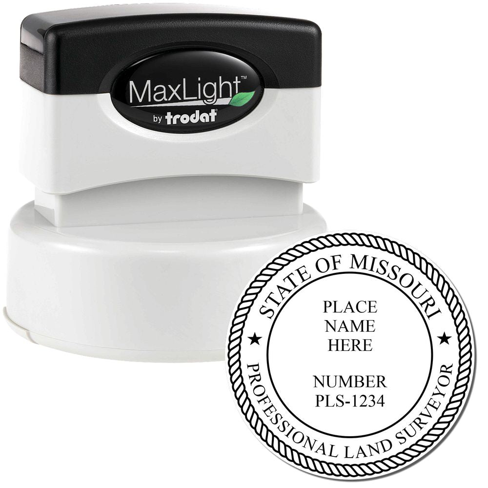 Premium MaxLight Pre-Inked Missouri Surveyors Stamp with a black and white design, featuring customizable text for name and number.