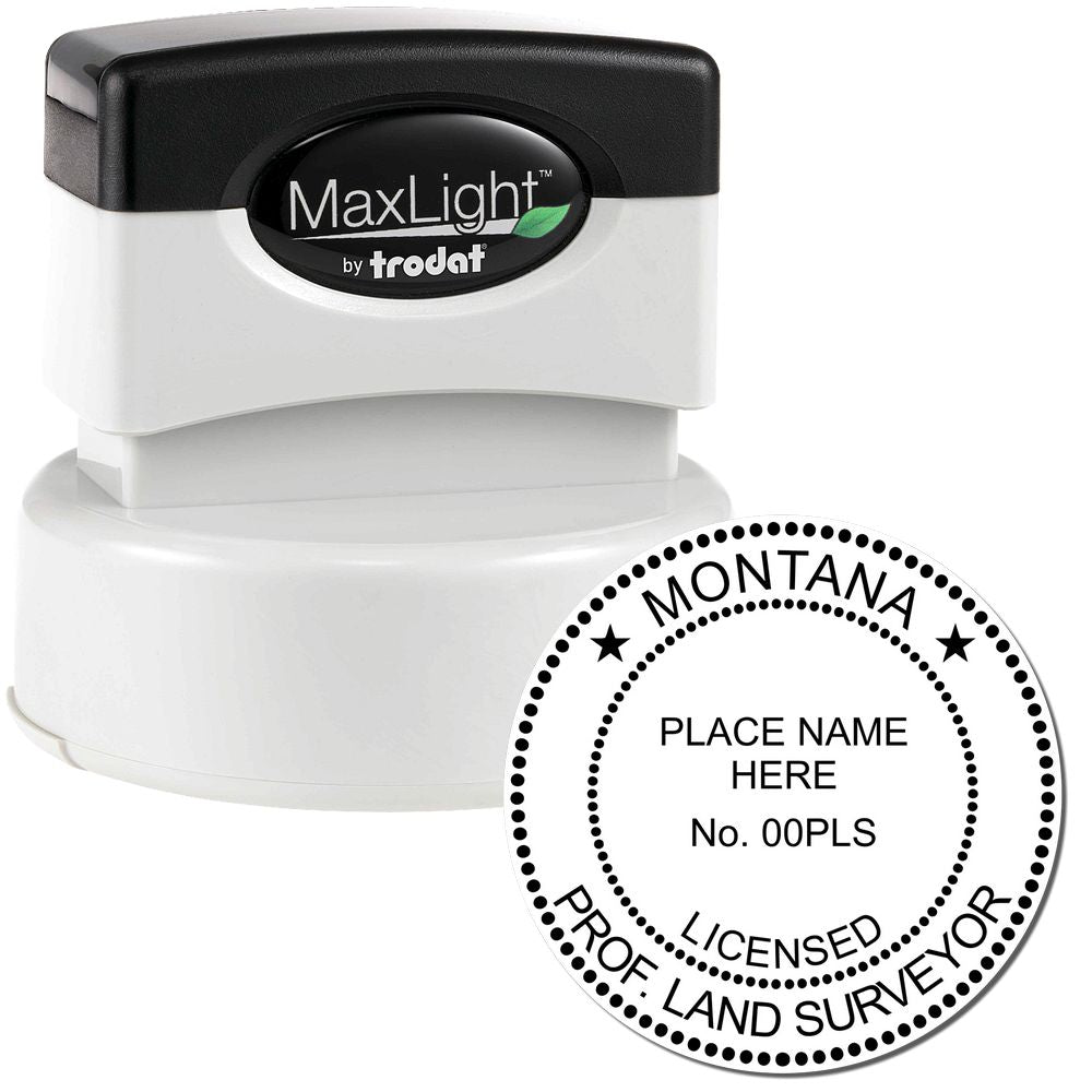 Premium MaxLight Pre-Inked Montana Surveyors Stamp with a black and white design, featuring customizable text for licensed land surveyors."