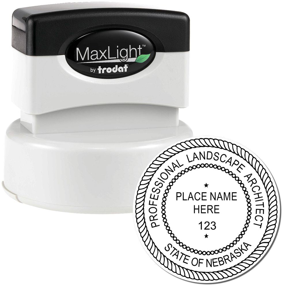 The main image for the Premium MaxLight Pre-Inked Nebraska Landscape Architectural Stamp depicting a sample of the imprint and electronic files