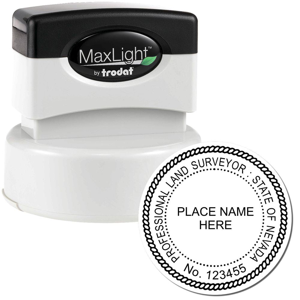 Premium MaxLight Pre-Inked Nevada Surveyors Stamp with a black top and white base, shown next to an example imprint for professional land surveyors.