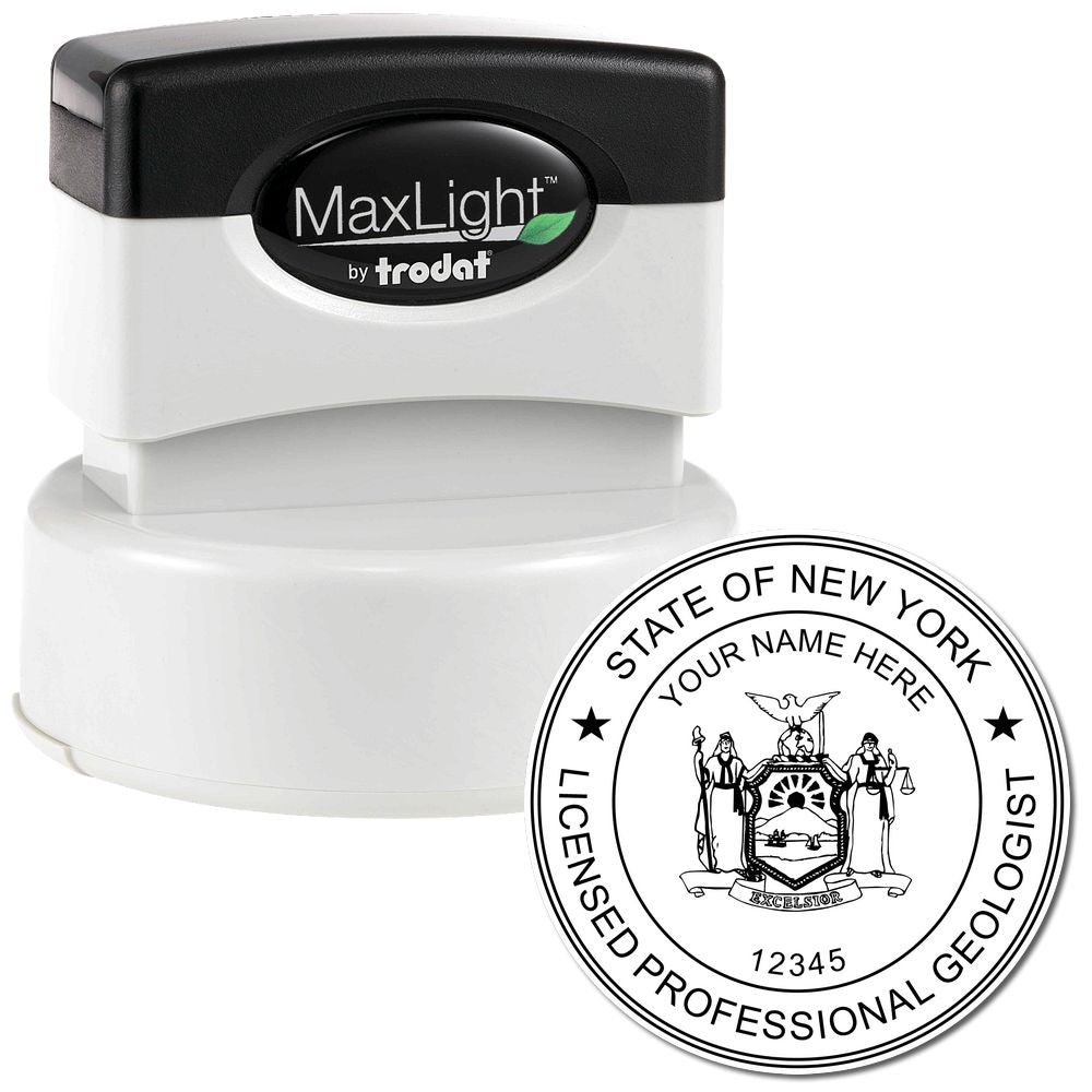 The main image for the Premium MaxLight Pre-Inked New York Geology Stamp depicting a sample of the imprint and imprint sample