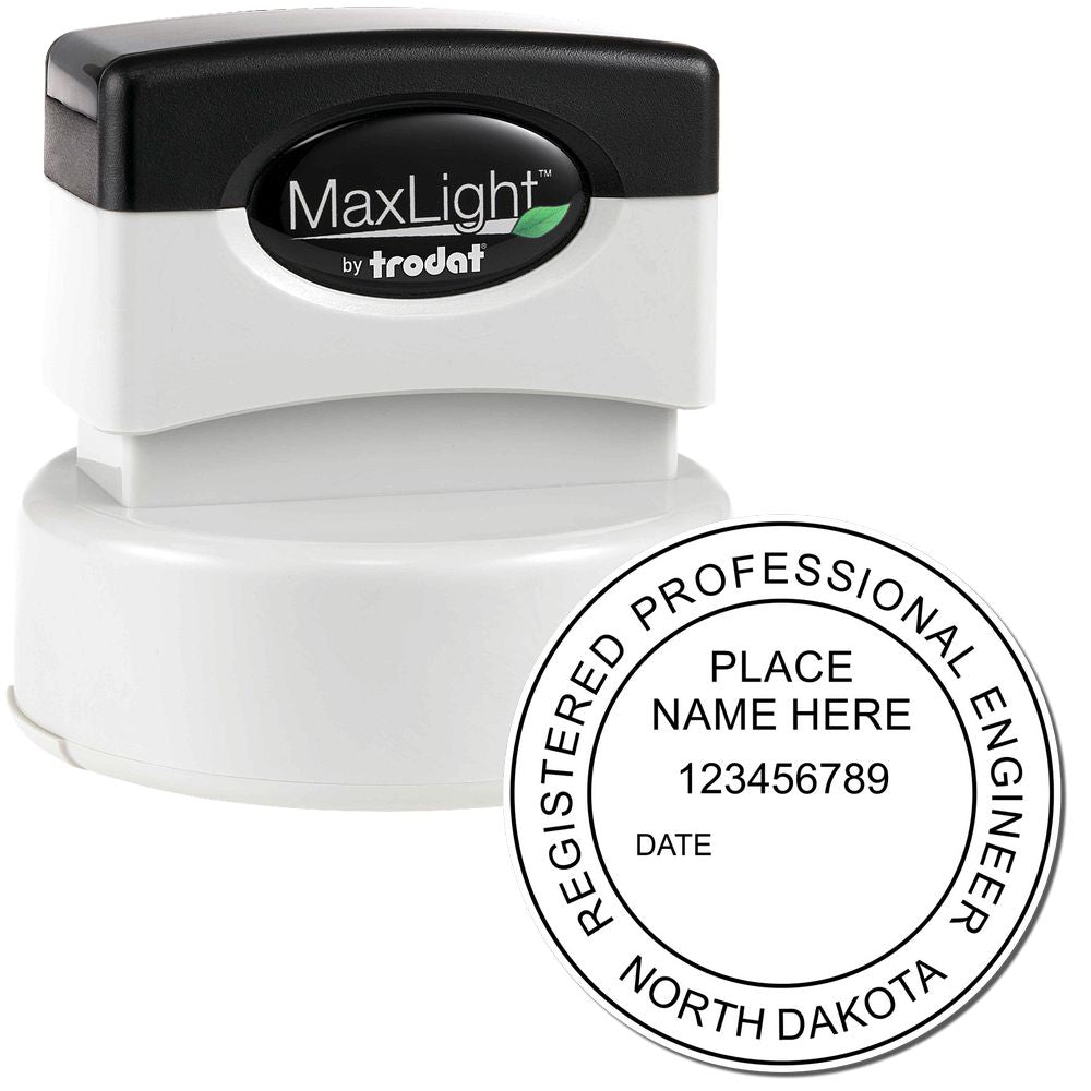 The main image for the Premium MaxLight Pre-Inked North Dakota Engineering Stamp depicting a sample of the imprint and electronic files