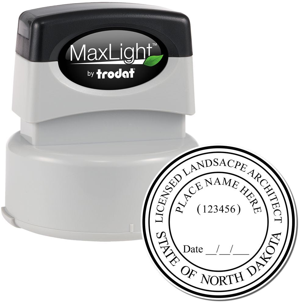 The main image for the Premium MaxLight Pre-Inked North Dakota Landscape Architectural Stamp depicting a sample of the imprint and electronic files