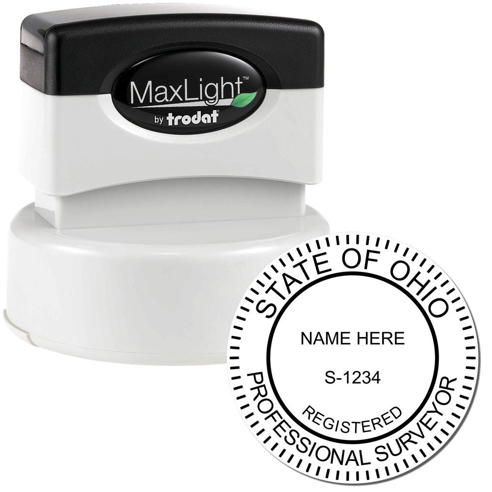 Premium MaxLight Pre-Inked Ohio Surveyors Stamp with black and white design, featuring STATE OF OHIO PROFESSIONAL SURVEYOR text.