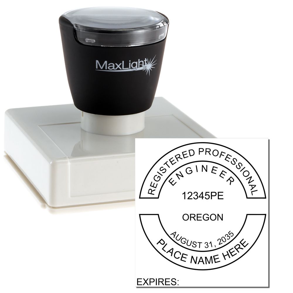 The main image for the Premium MaxLight Pre-Inked Oregon Engineering Stamp depicting a sample of the imprint and electronic files