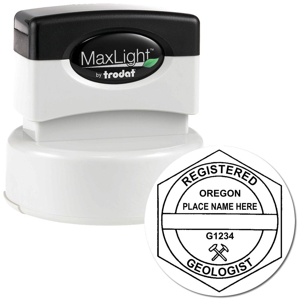 The main image for the Premium MaxLight Pre-Inked Oregon Geology Stamp depicting a sample of the imprint and imprint sample