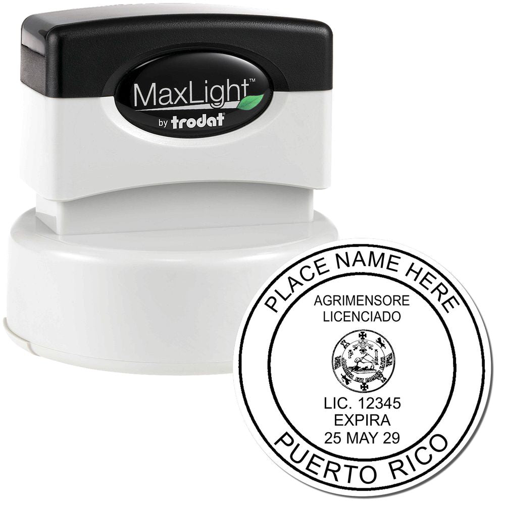 Premium MaxLight Pre-Inked Puerto Rico Surveyors Stamp with black handle and customizable round imprint for licensed surveyors."