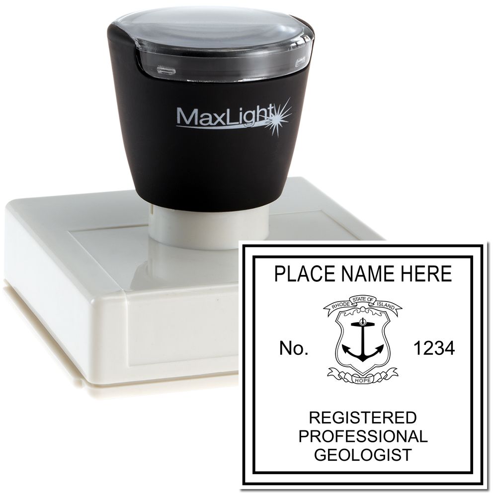 The main image for the Premium MaxLight Pre-Inked Rhode Island Geology Stamp depicting a sample of the imprint and imprint sample
