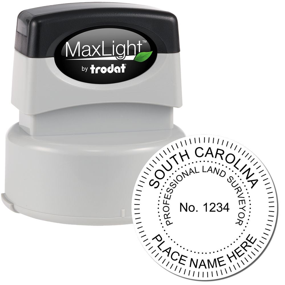 Premium MaxLight Pre-Inked South Carolina Surveyors Stamp with black and gray casing, showing an example imprint with customizable details.