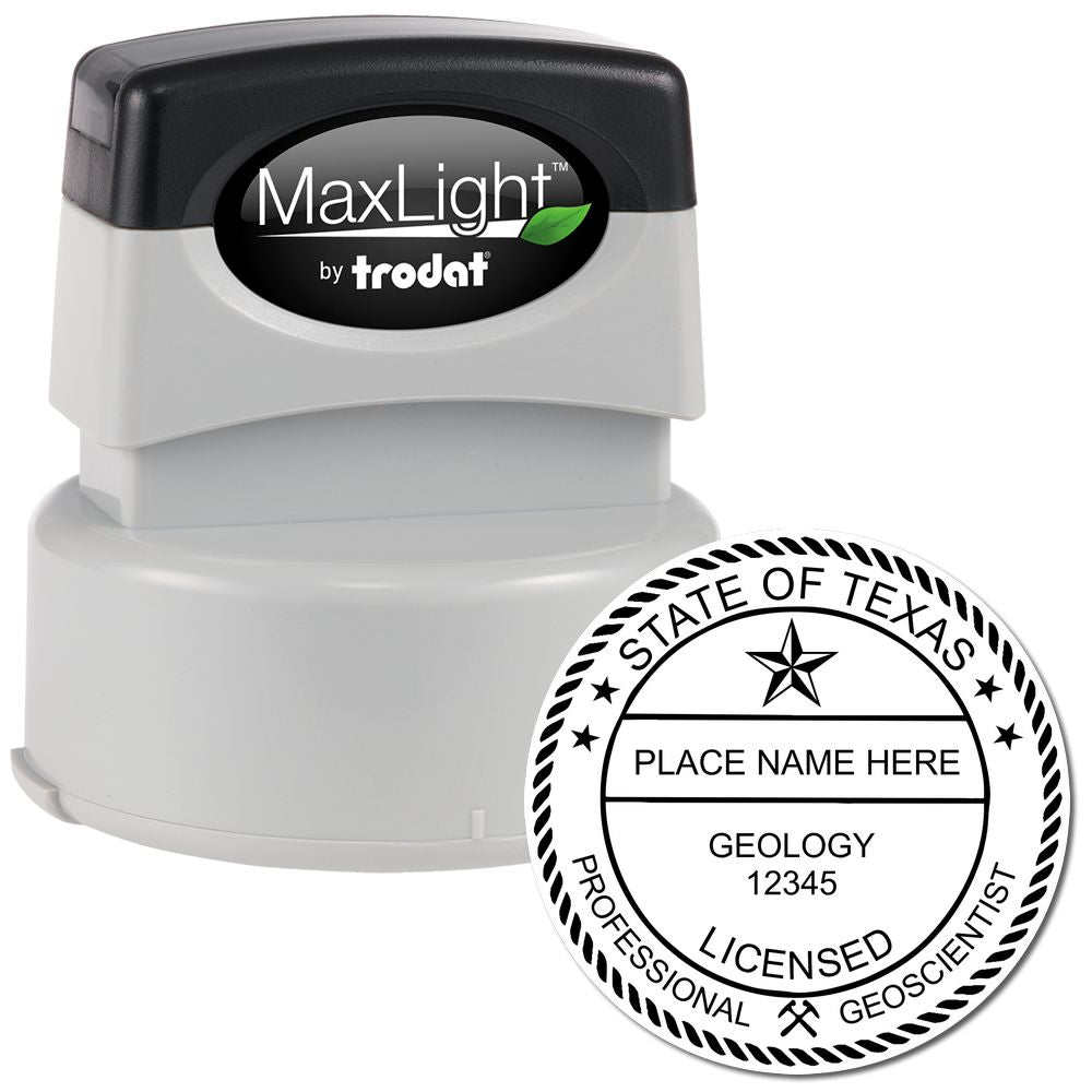 The main image for the Premium MaxLight Pre-Inked Texas Geology Stamp depicting a sample of the imprint and imprint sample