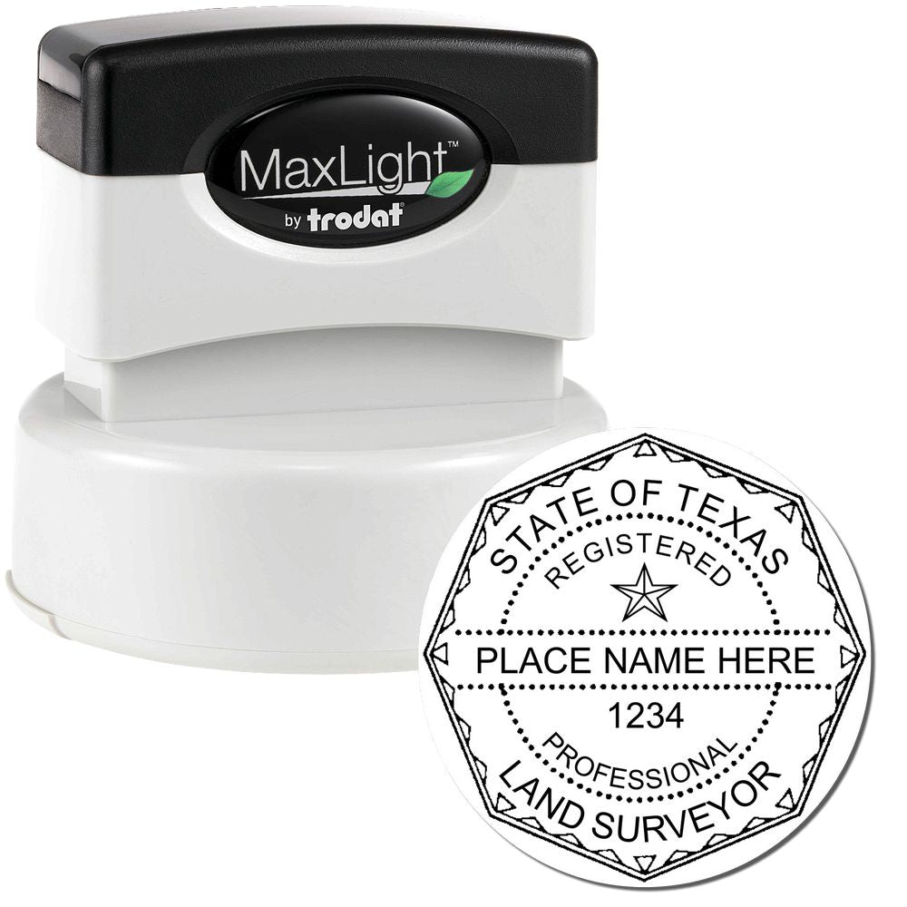 Premium MaxLight Pre-Inked Texas Surveyors Stamp with a black and white design, showing the state seal and customizable text for land surveyors.