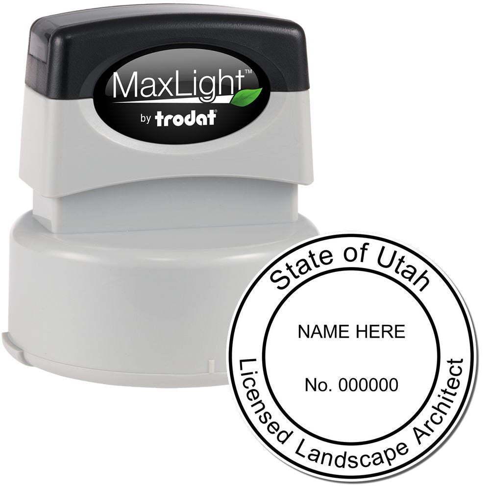 The main image for the Premium MaxLight Pre-Inked Utah Landscape Architectural Stamp depicting a sample of the imprint and electronic files