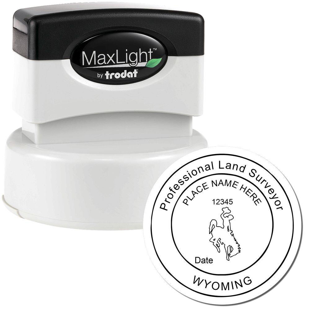 Premium MaxLight Wyoming Surveyors Pre-Inked Stamp with a stamped image showing how the seal will look after stamping.