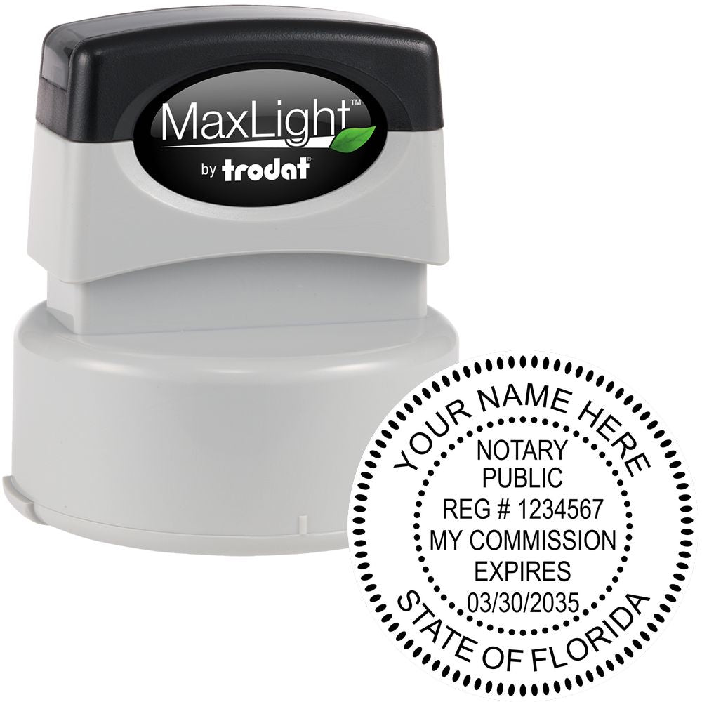 The main image for the Premium Pre-Inked Florida MaxLight Notary Public Stamp depicting a sample of the imprint and electronic files