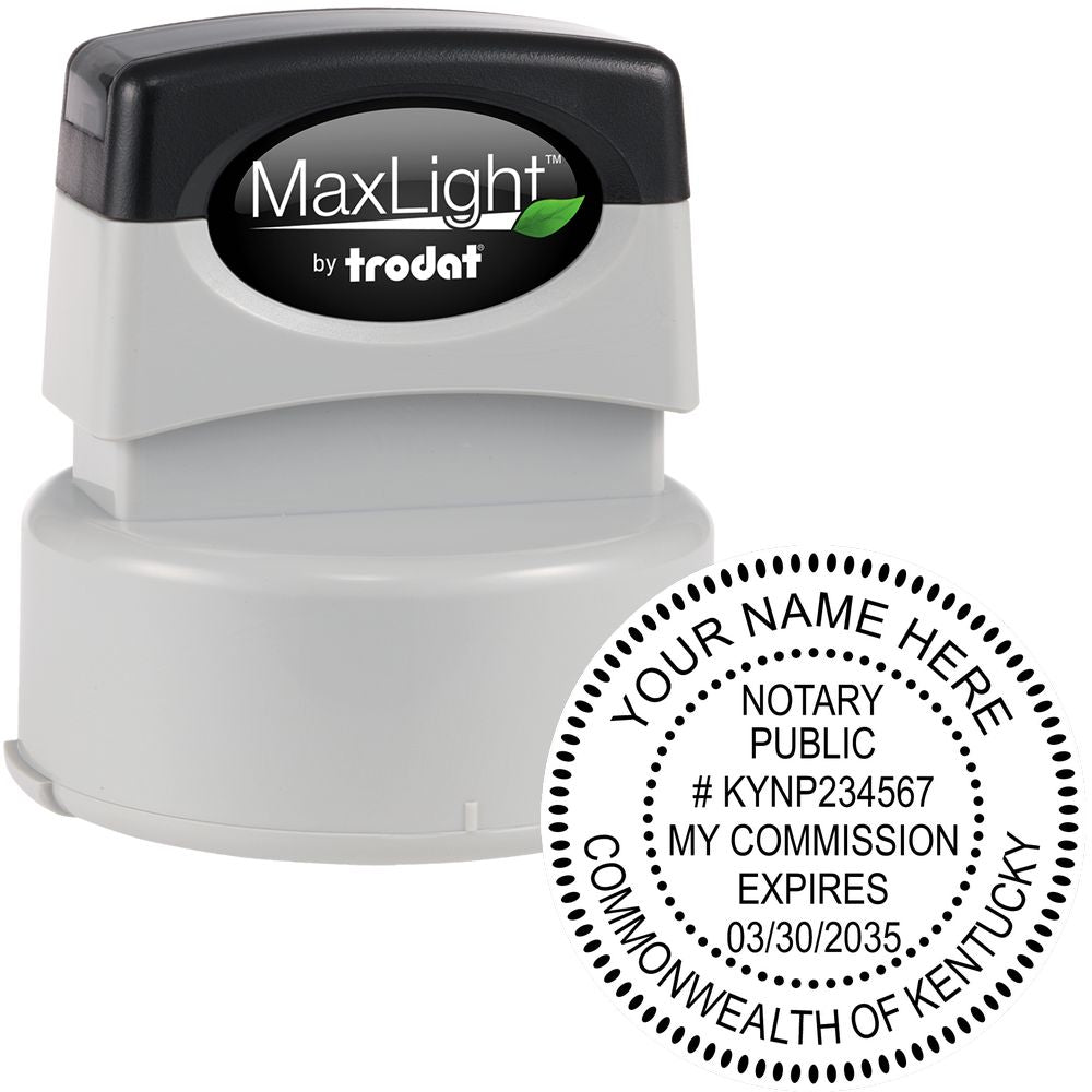 The main image for the Premium Pre-Inked Kentucky MaxLight Notary Public Stamp depicting a sample of the imprint and electronic files
