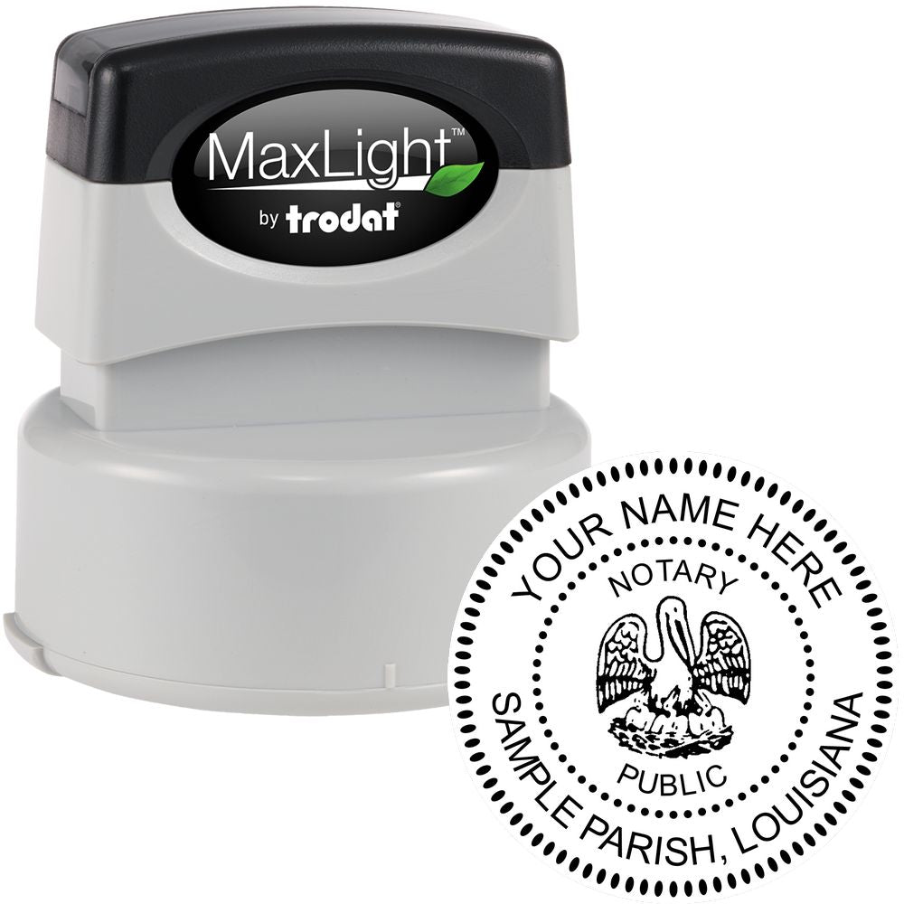 The main image for the Premium Pre-Inked Louisiana MaxLight Notary Public Stamp depicting a sample of the imprint and electronic files