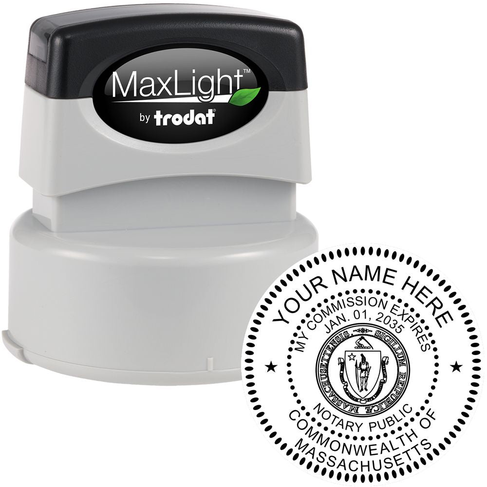 The main image for the Premium Pre-Inked Massachusetts MaxLight Notary Public Stamp depicting a sample of the imprint and electronic files