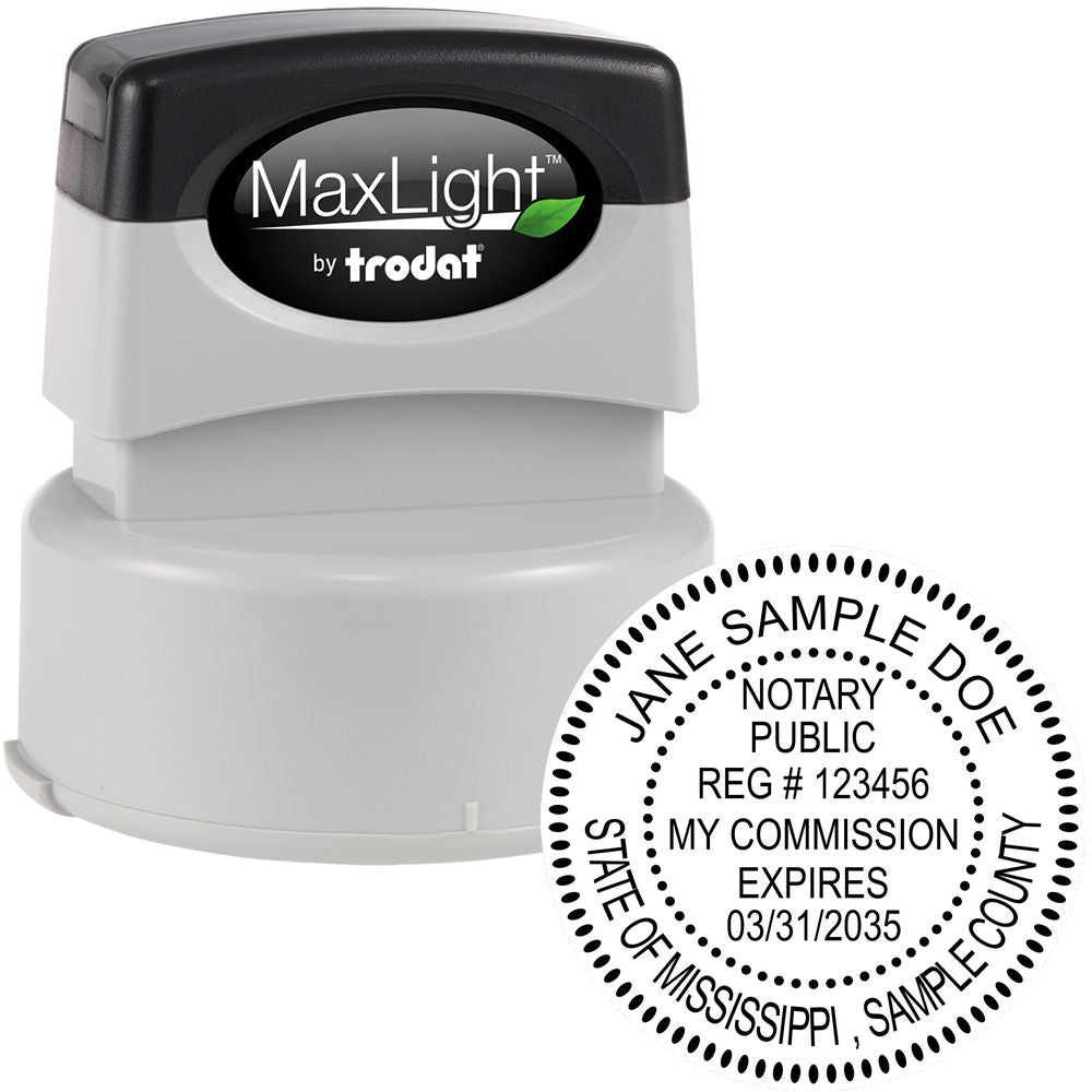 The main image for the Premium Pre-Inked Mississippi MaxLight Notary Public Stamp depicting a sample of the imprint and electronic files