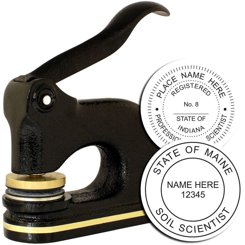 Professional Cast Iron Desk Seal Embosser in black with gold accents, shown with sample embossed seals for professional use.