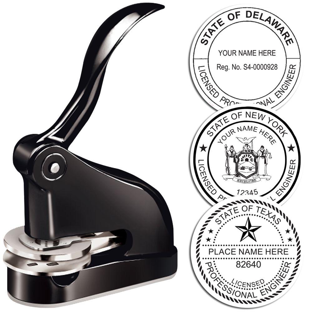 Professional Engineer Black Gift Seal Embosser with a sleek black design, shown alongside sample embossed seals for Delaware, New York, and Texas.