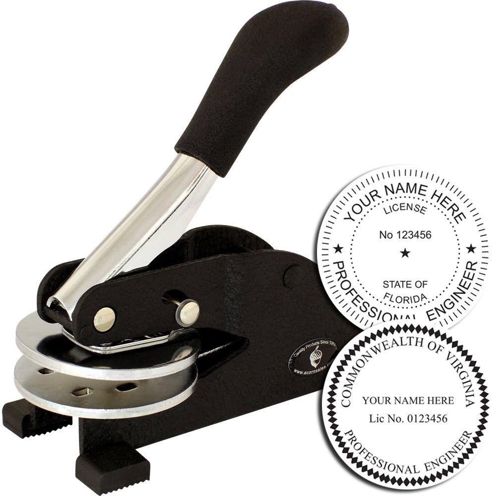 Professional Engineer Desk Seal Embosser with a black handle and metal base, shown with two sample embossed seals for Florida and Virginia, customizable with name, license number, and state.