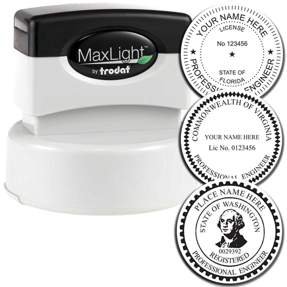 MaxLight Pre-Inked Professional Engineer Stamp of Seal by Trodat, shown with three sample seal designs for different states, featuring customizable name and license number fields.