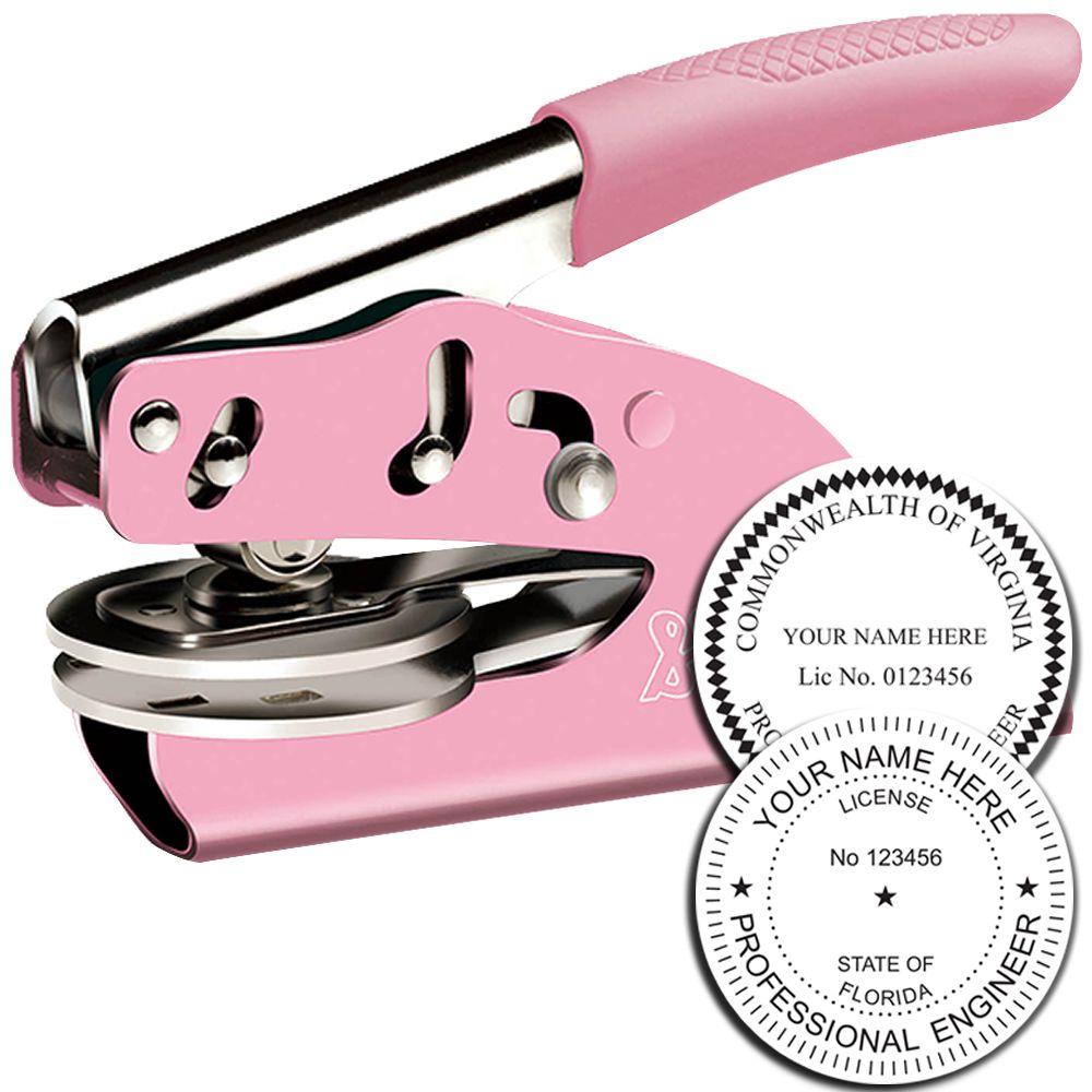 A Professional Engineer Pink Soft Seal Embosser with two embossed images showing how seals will look after embossing from it.