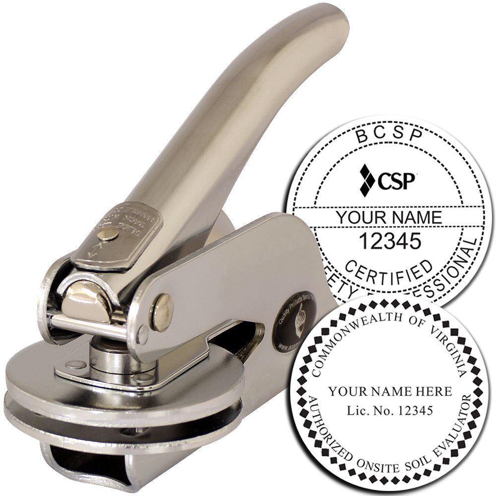 Professional Handheld Seal Embosser with a sleek metal design, shown with sample embossed seals for certification and evaluation purposes.