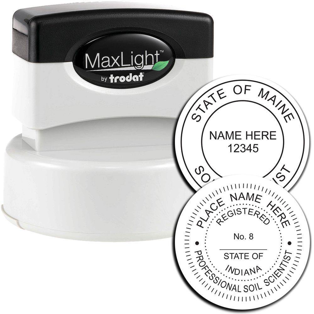 Image of the Professional MaxLight Pre Inked Rubber Stamp of Seal with two sample impressions showing customizable text and state seals.