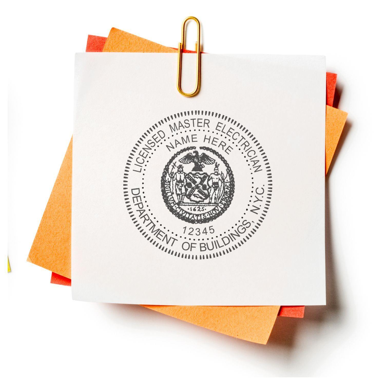 A Professional eSeal Electronic Image Stamp of Seal imprint on a white paper, clipped to orange and red papers.