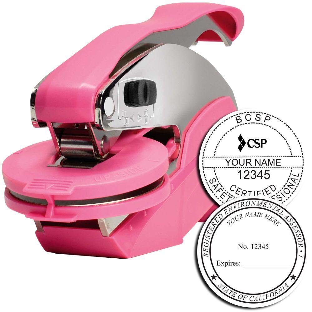 Professional Pink Hybrid Embosser with a sleek design, shown with a sample embossed seal. Ideal for professional certification and official documents.