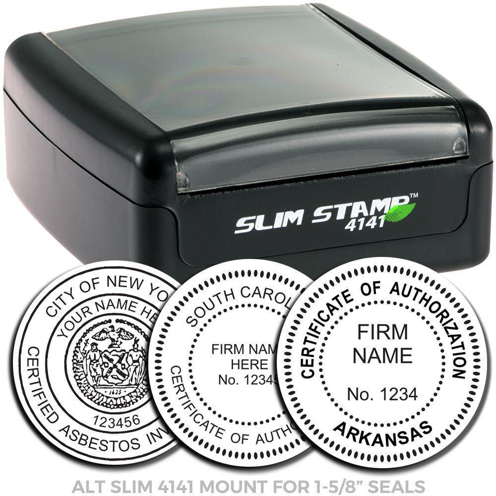 Professional Slim Pre-Inked Rubber Stamp of Seal with black casing and three sample seal designs for various certifications and authorizations.