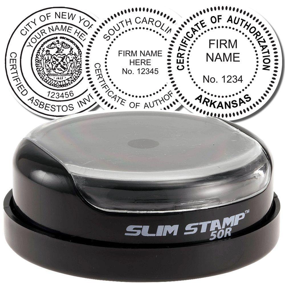 Professional Slim Pre-Inked Rubber Stamp of Seal with round design, featuring customizable text and firm name, shown with three sample impressions.