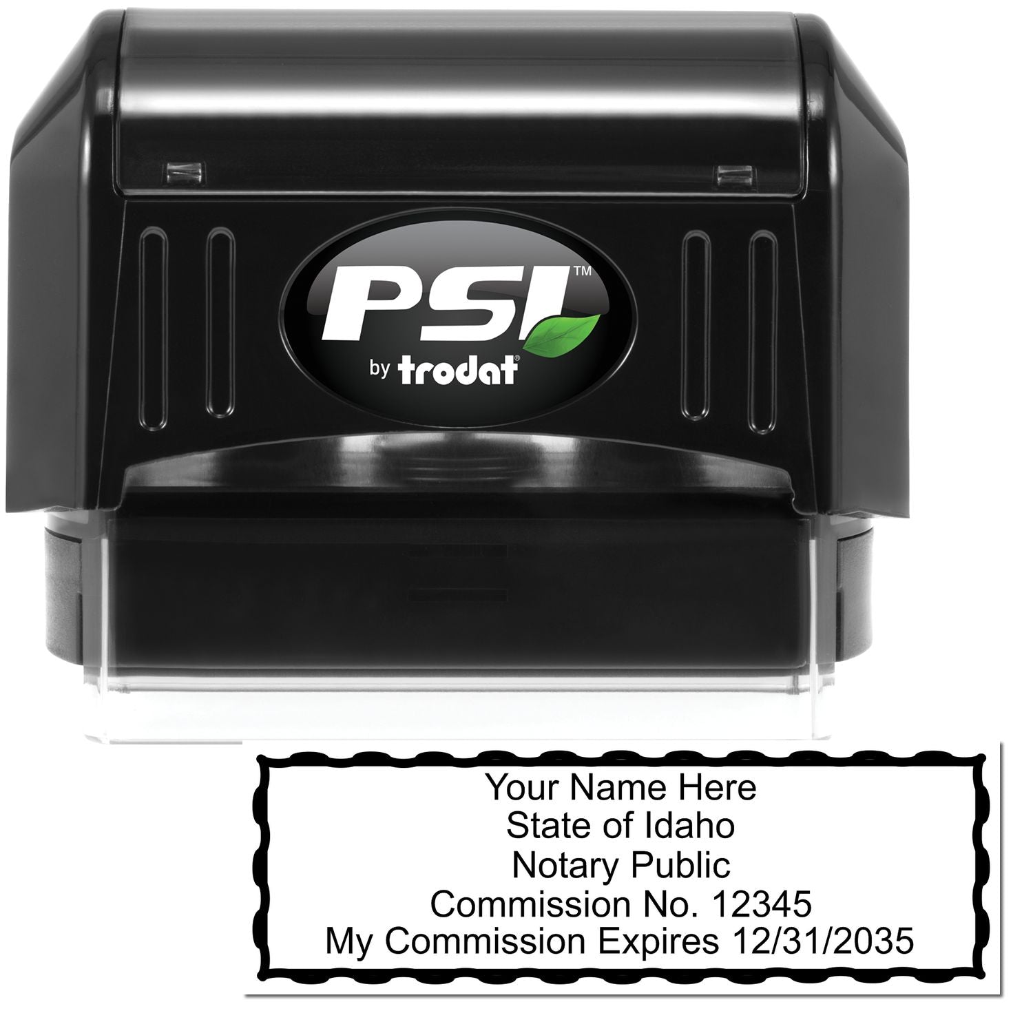 The main image for the PSI Idaho Notary Stamp depicting a sample of the imprint and electronic files