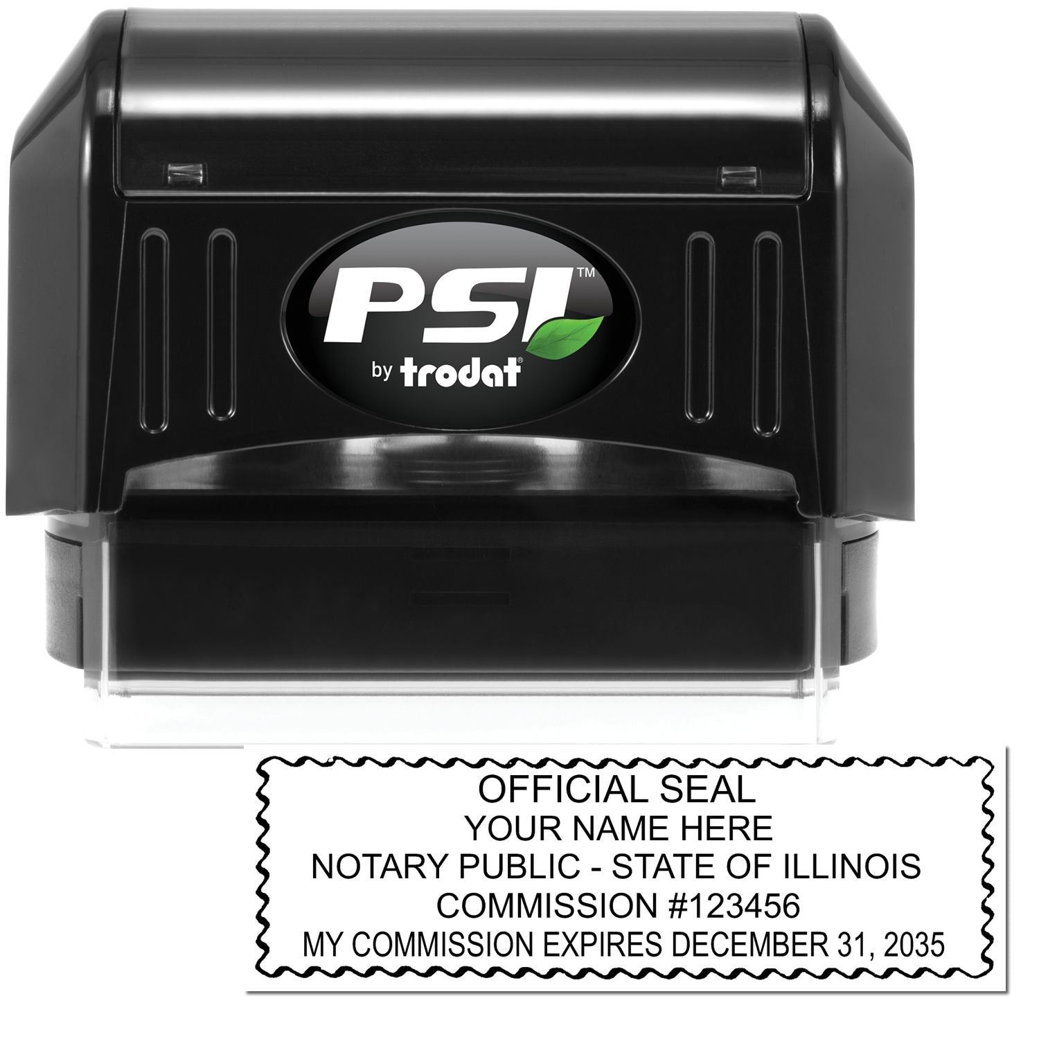 The main image for the PSI Illinois Notary Stamp depicting a sample of the imprint and electronic files