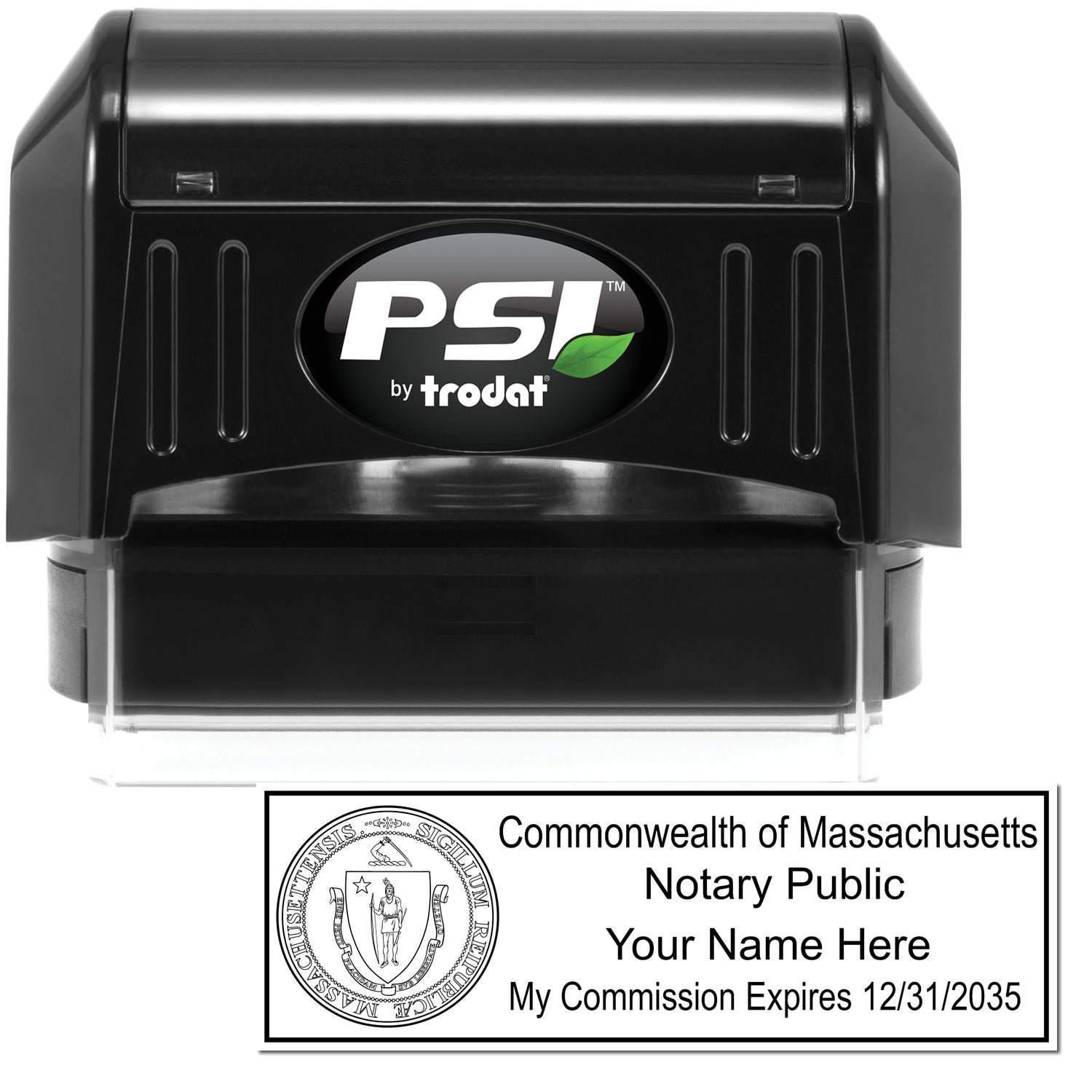 The main image for the PSI Massachusetts Notary Stamp depicting a sample of the imprint and electronic files