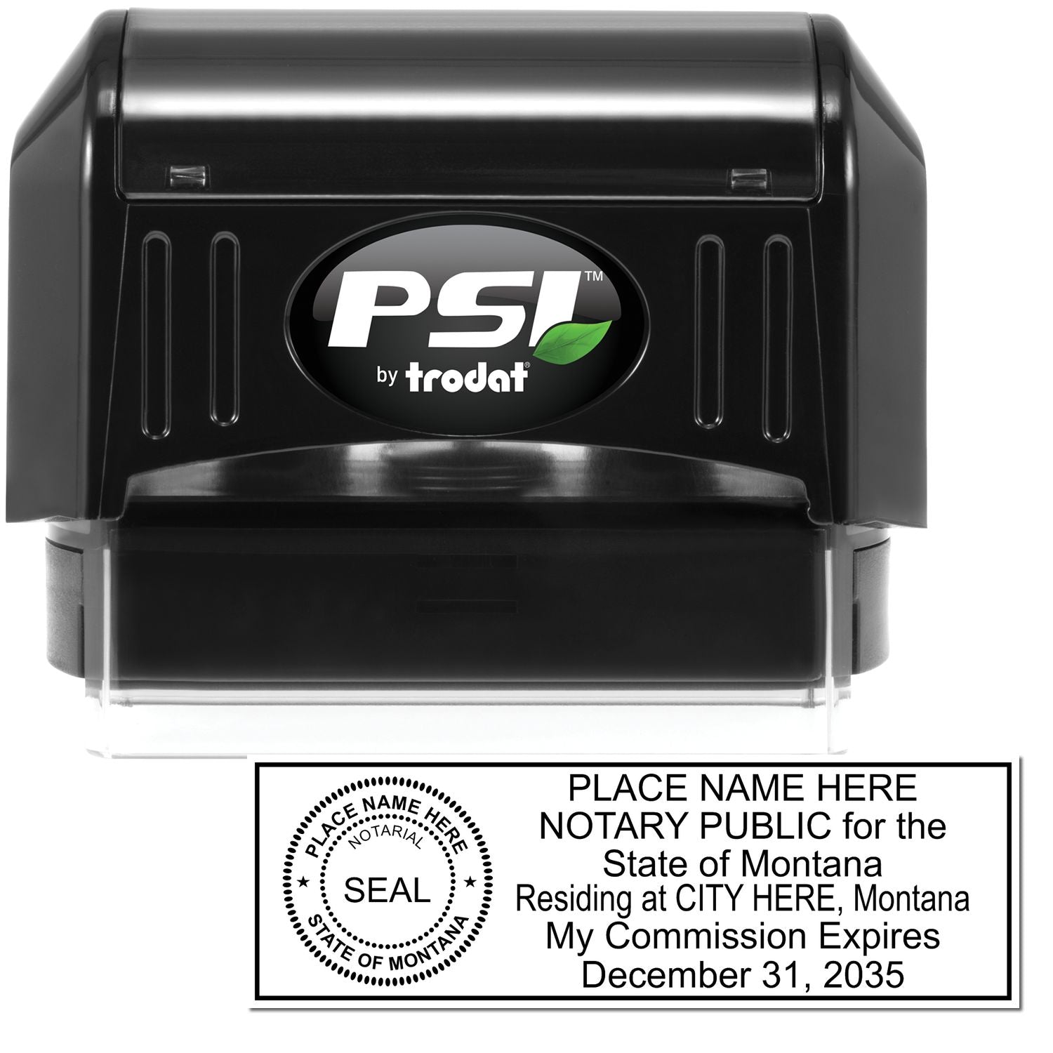 The main image for the PSI Montana Notary Stamp depicting a sample of the imprint and electronic files