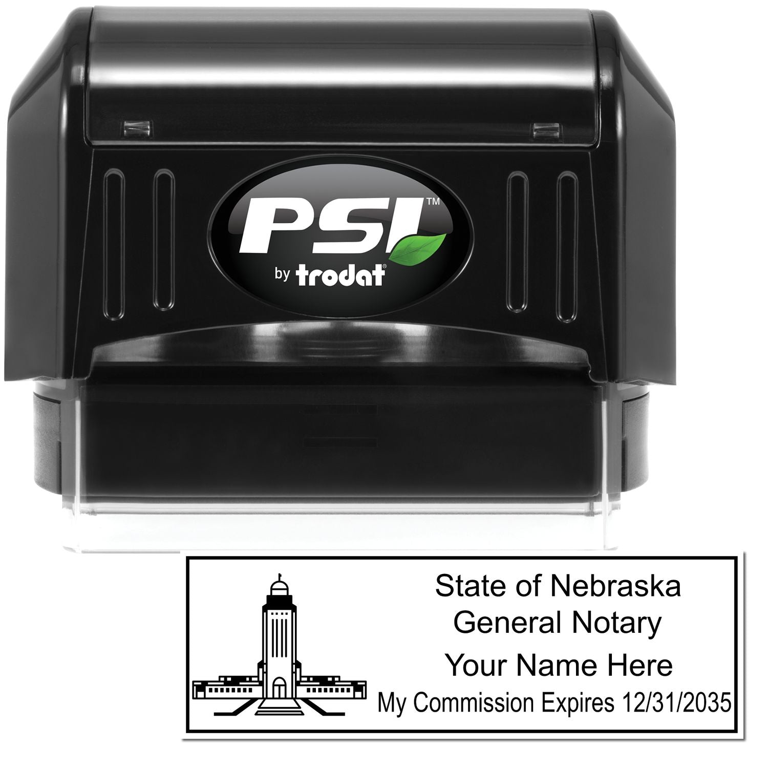 The main image for the PSI Nebraska Notary Stamp depicting a sample of the imprint and electronic files