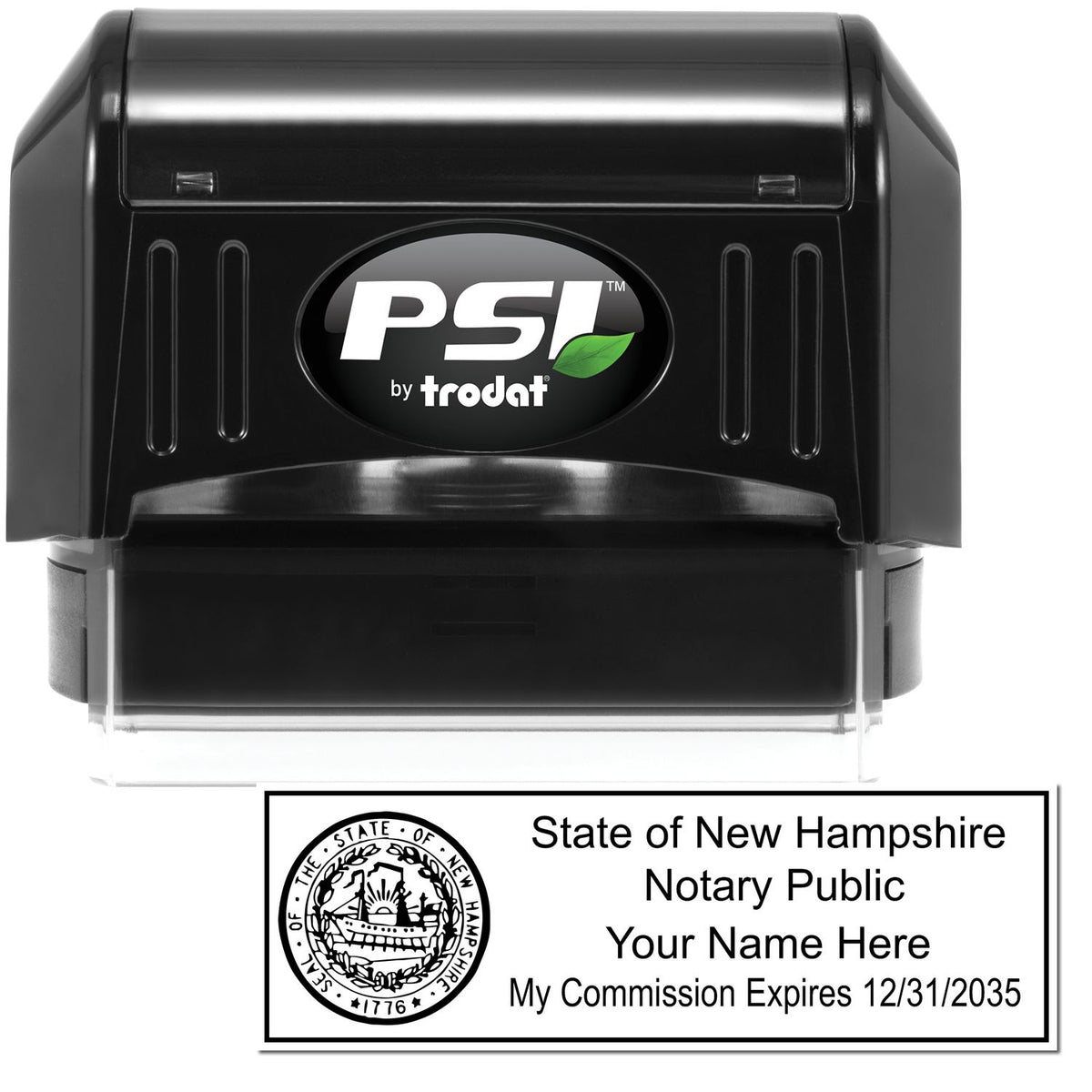 The main image for the PSI New Hampshire Notary Stamp depicting a sample of the imprint and electronic files