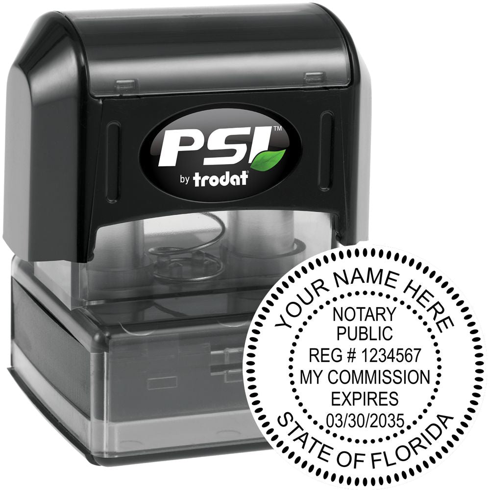 The main image for the PSI Pre-Inked Florida Notary Stamp depicting a sample of the imprint and electronic files