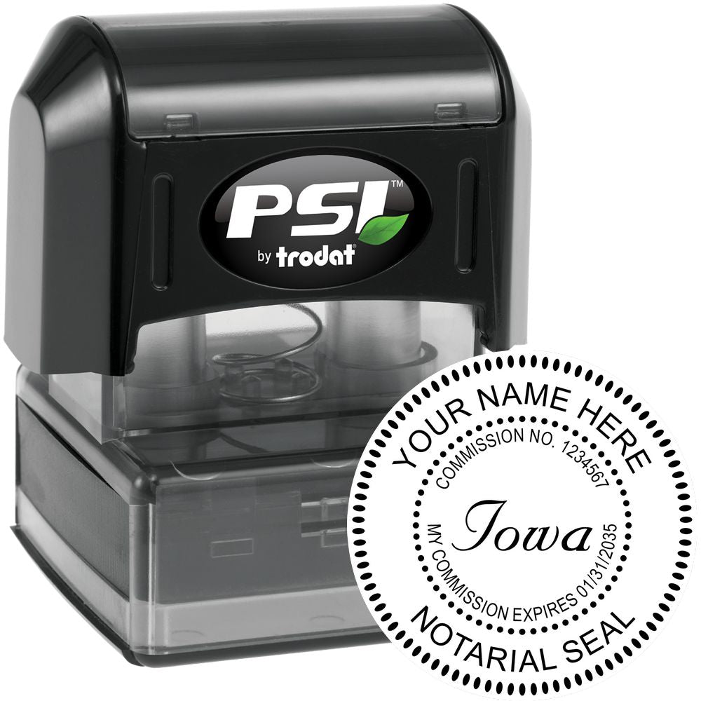 The main image for the PSI Pre-Inked Iowa Notary Stamp depicting a sample of the imprint and electronic files