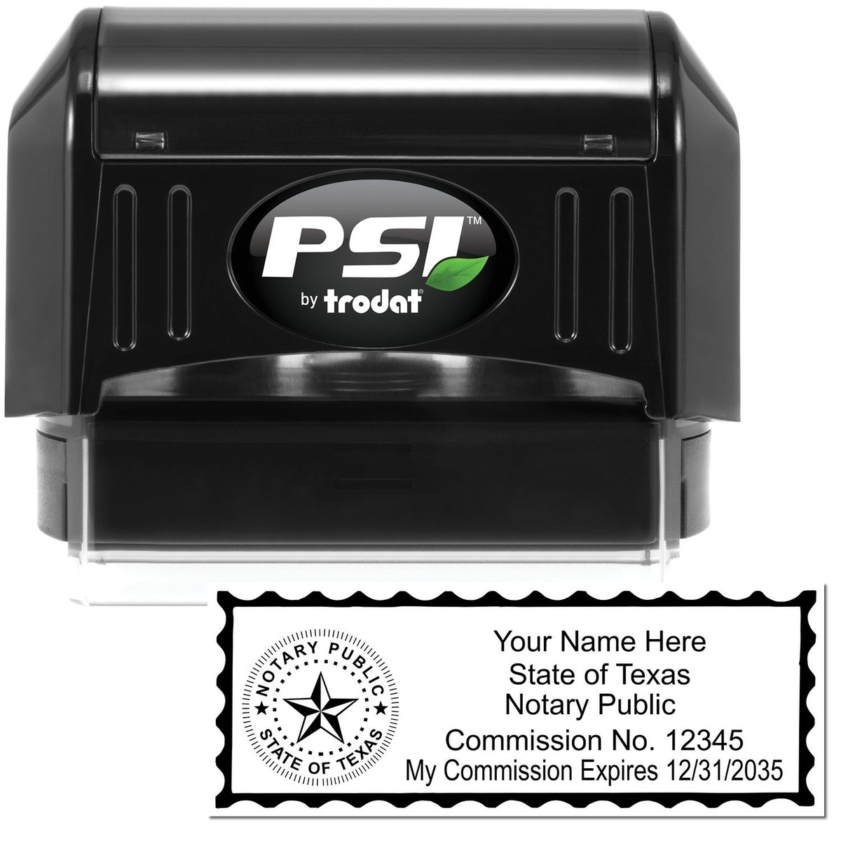 The main image for the PSI Texas Notary Stamp depicting a sample of the imprint and electronic files
