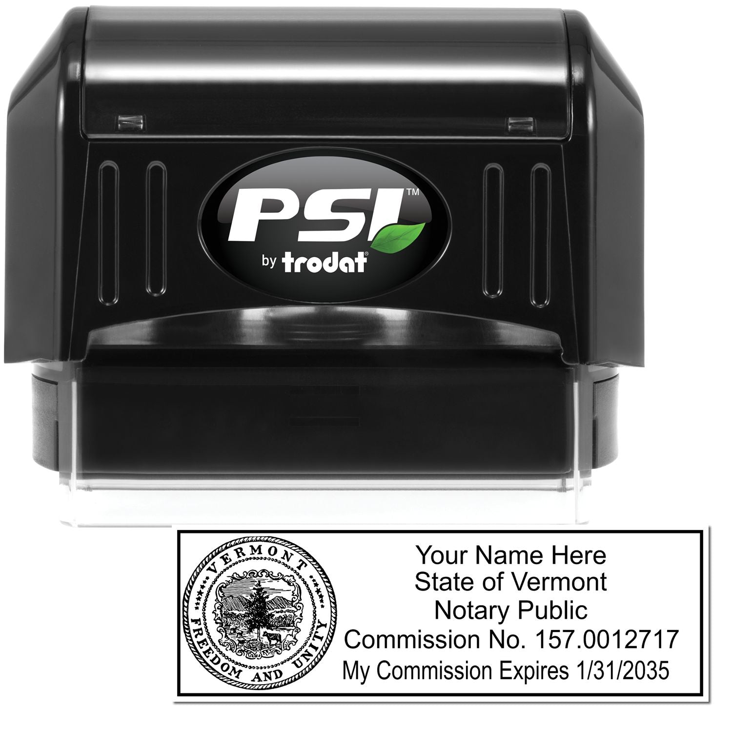 The main image for the PSI Vermont Notary Stamp depicting a sample of the imprint and electronic files