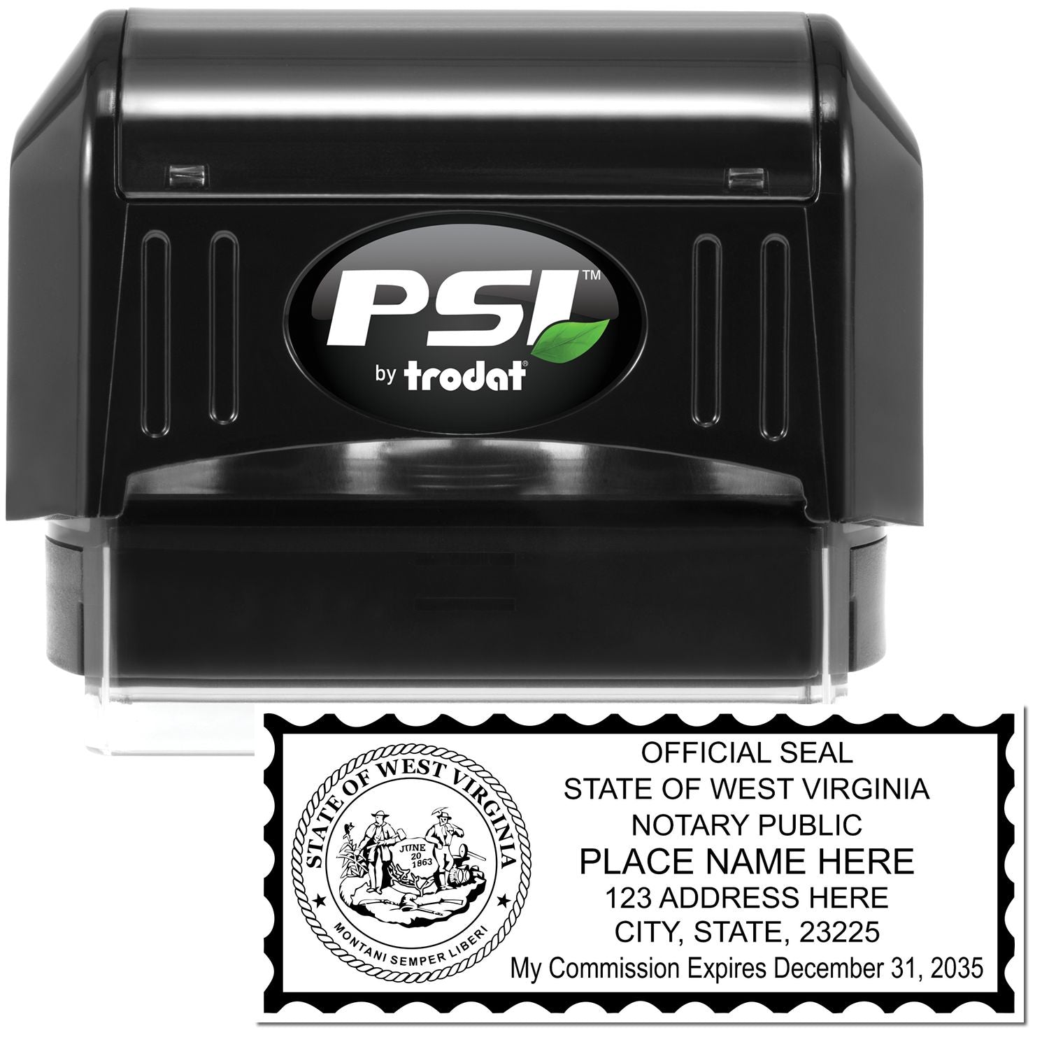 The main image for the PSI West Virginia Notary Stamp depicting a sample of the imprint and electronic files