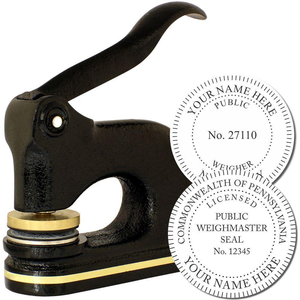 Public Weighmaster Cast Iron Desk Seal Embosser in black with gold accents, shown with sample embossed seals displaying customizable text.