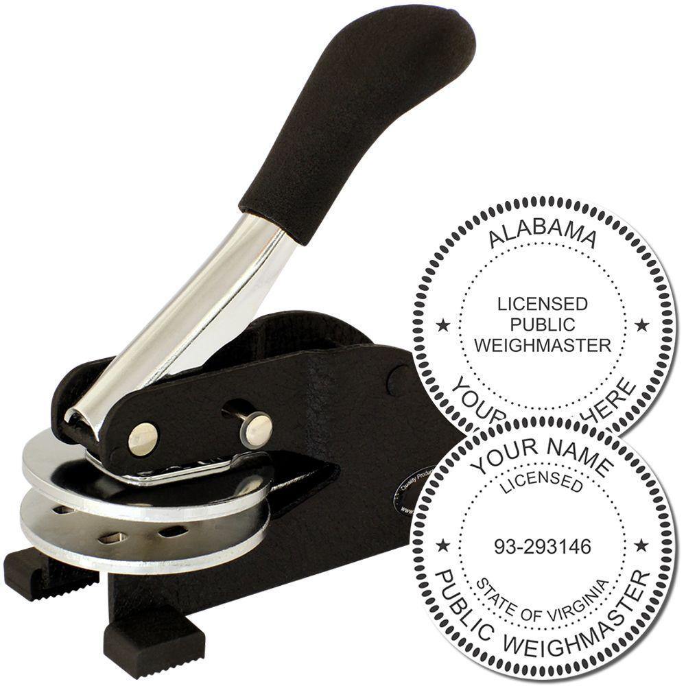 Public Weighmaster Desk Seal Embosser with black handle, shown with sample embossed seals for Alabama and Virginia licensed weighmasters.